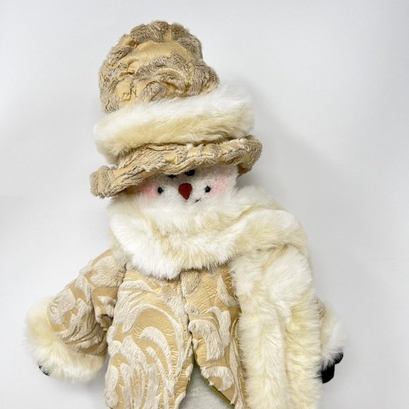 Snowman Woman 16" Winter Beige Coat Hat Faux Fur Holiday Scarf Weighted Bottom - Picture 5 of 6